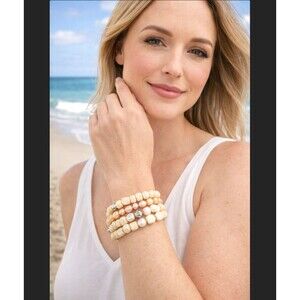J. Jill Beaded Bracelet Set Oyster Pearl Shell Pink Pearl Silver Cream Stretch